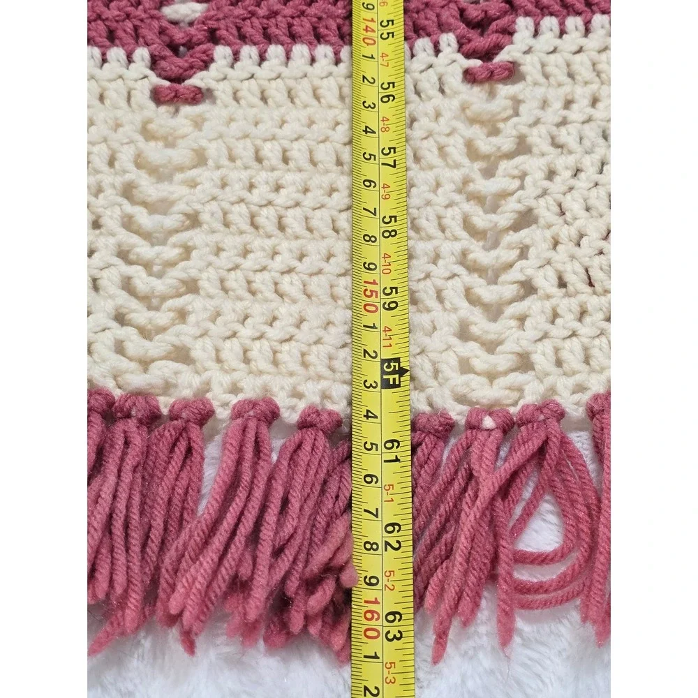 Vintage Handmade Crochet Rose Throw Blanket Cream Pink Floral Fringe Afghan